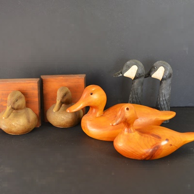 Goose Head Duck Ends, Two Pine Duck Sculptures and Duck Bookends
