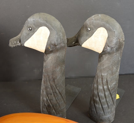 Goose Head Duck Ends, Two Pine Duck Sculptures and Duck Bookends