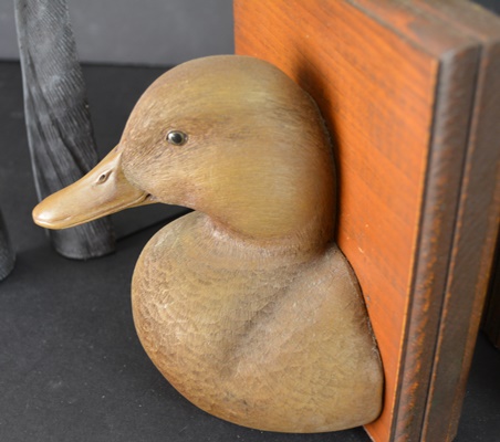 Goose Head Duck Ends, Two Pine Duck Sculptures and Duck Bookends