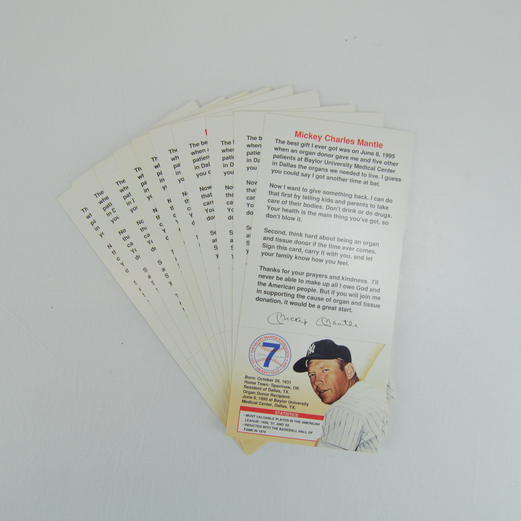 Collection of Mickey Mantle Foundation Organ Donor Cards