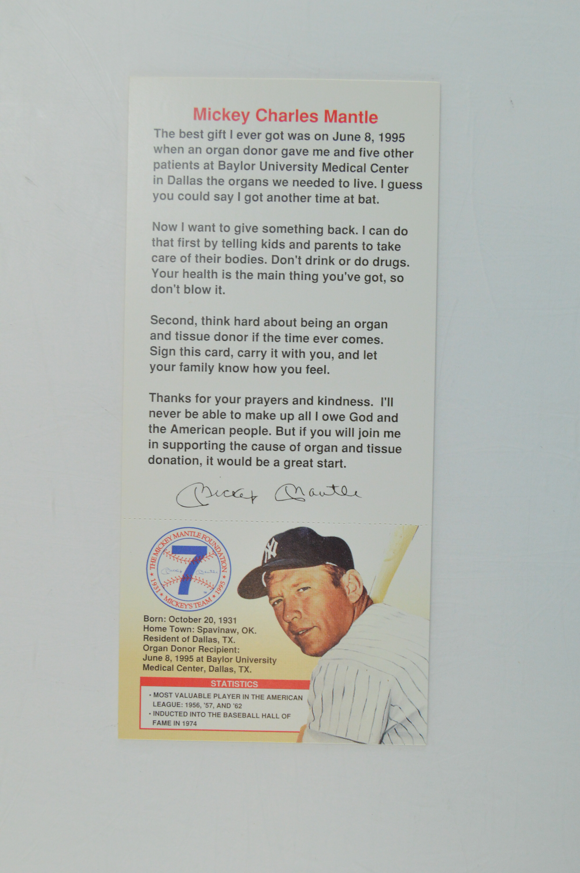 Collection of Mickey Mantle Foundation Organ Donor Cards