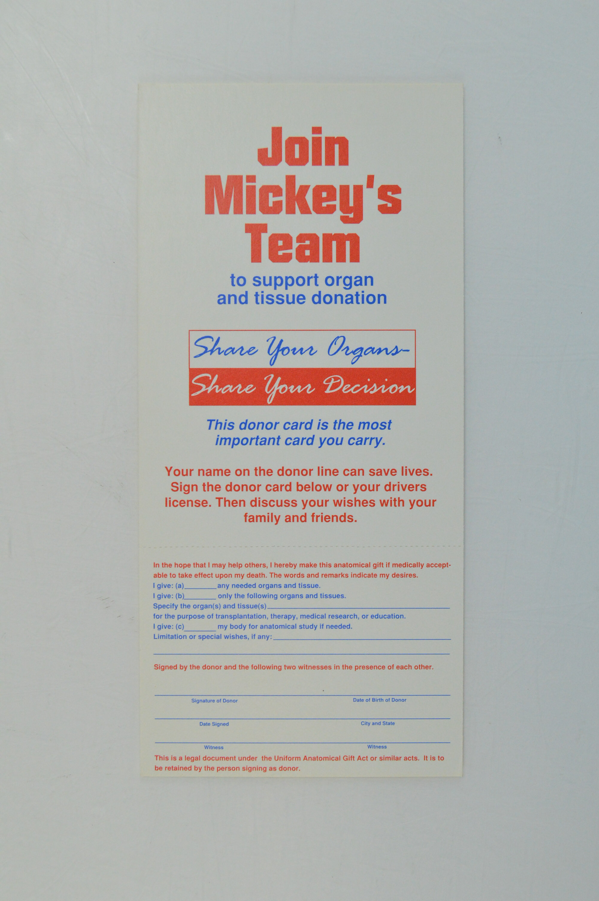 Collection of Mickey Mantle Foundation Organ Donor Cards