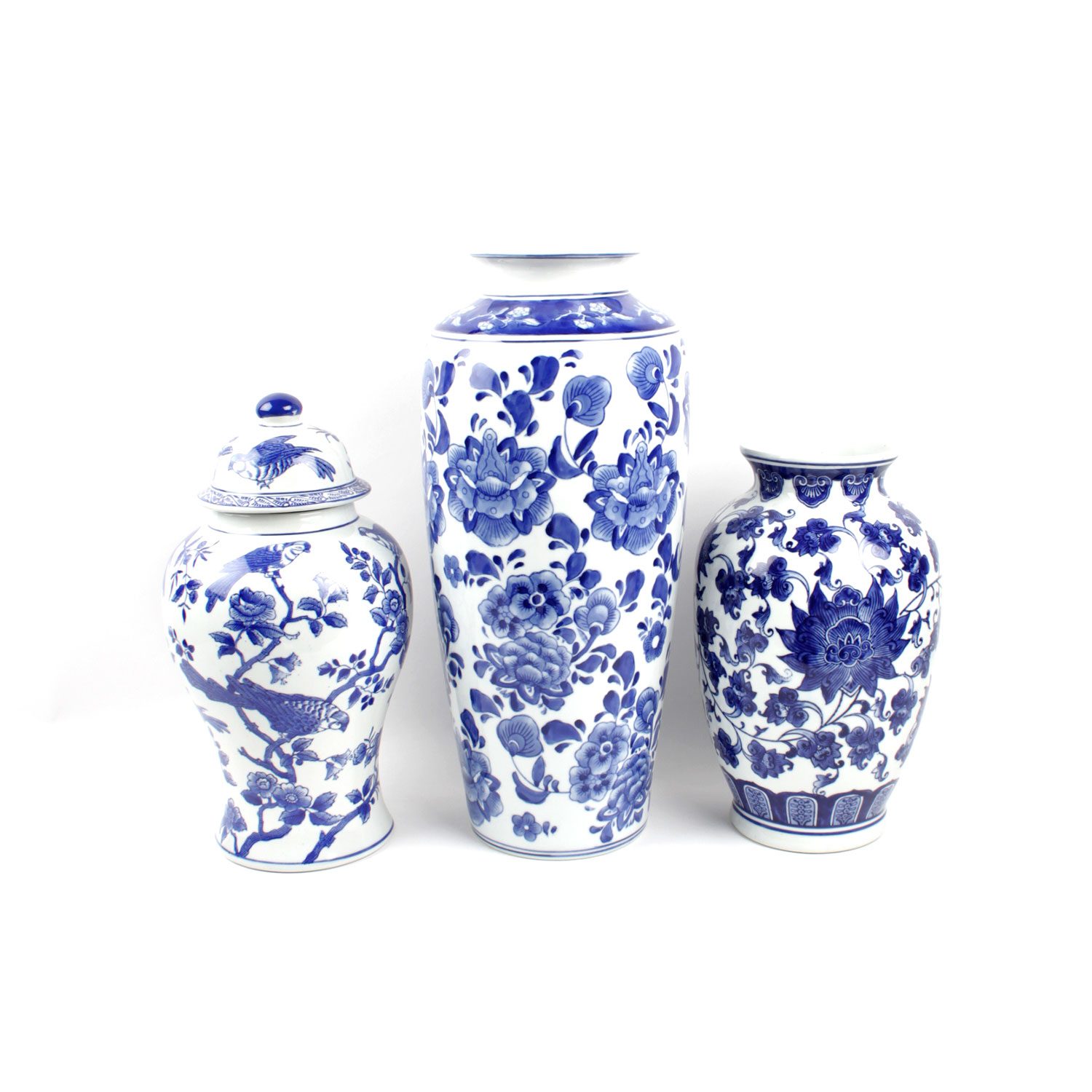 Collection of Three Blue and White Floral Vases