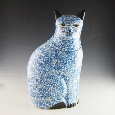 Blue Spongeware Painted Cat Cookie Jar