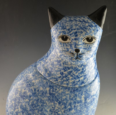 Blue Spongeware Painted Cat Cookie Jar