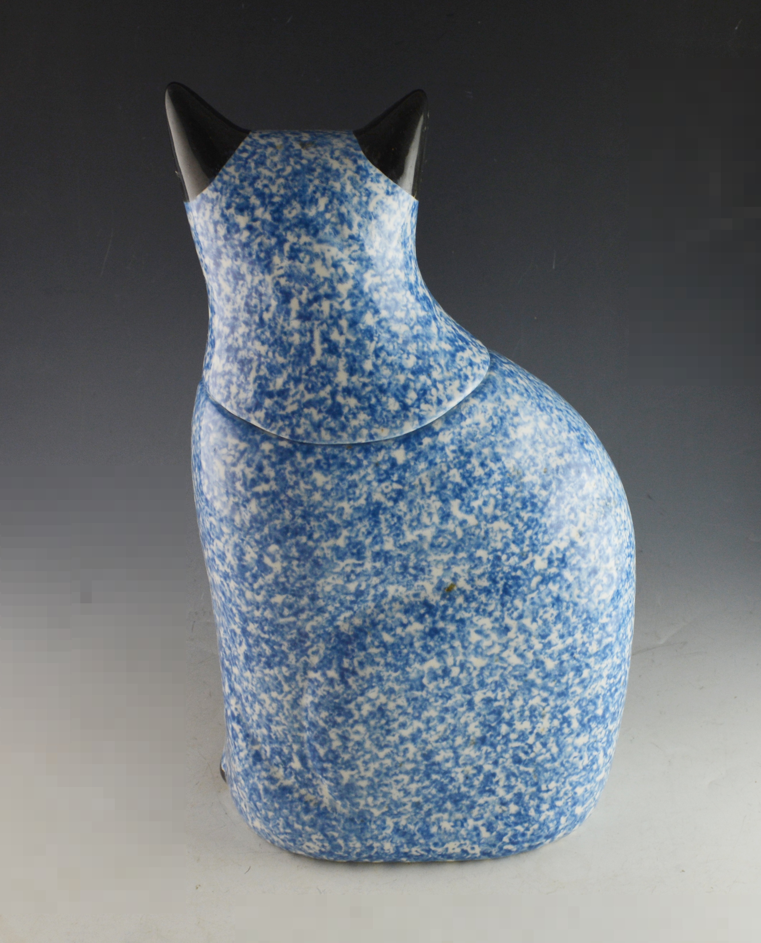 Blue Spongeware Painted Cat Cookie Jar