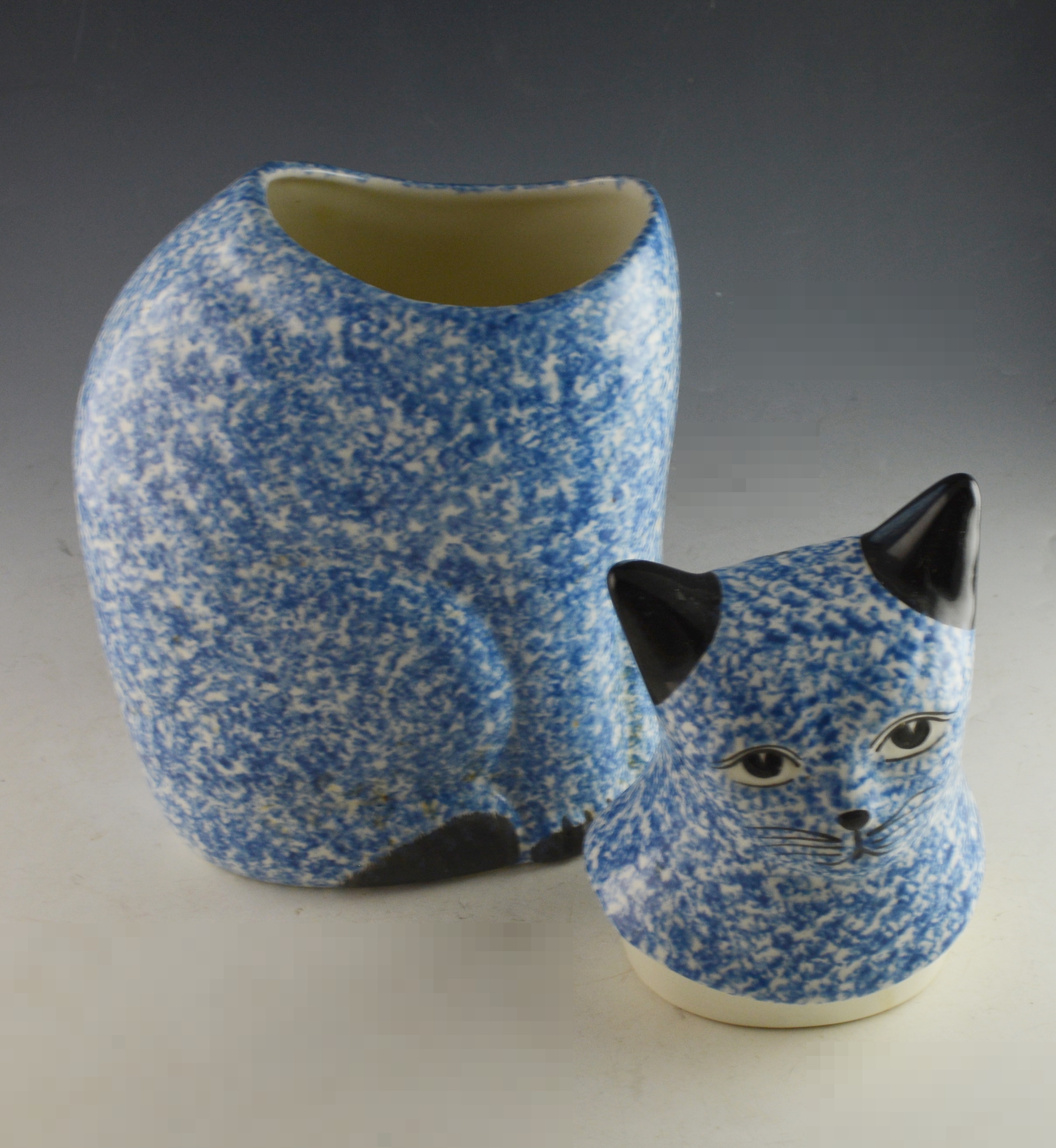 Blue Spongeware Painted Cat Cookie Jar