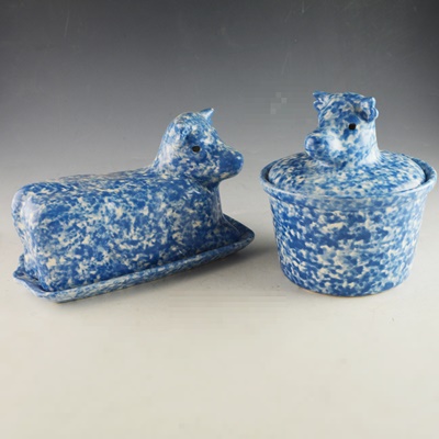 Blue Stipple Cow Shaped Butter Dish and Round Covered Dish