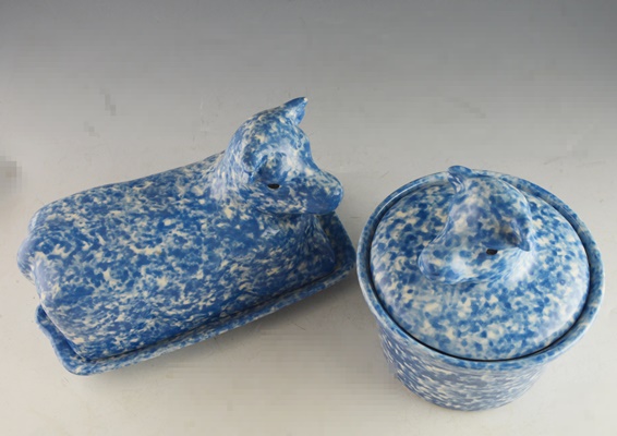 Blue Stipple Cow Shaped Butter Dish and Round Covered Dish