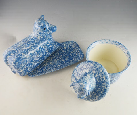 Blue Stipple Cow Shaped Butter Dish and Round Covered Dish
