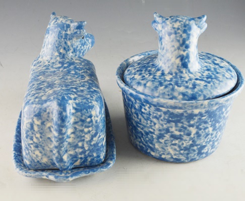 Blue Stipple Cow Shaped Butter Dish and Round Covered Dish
