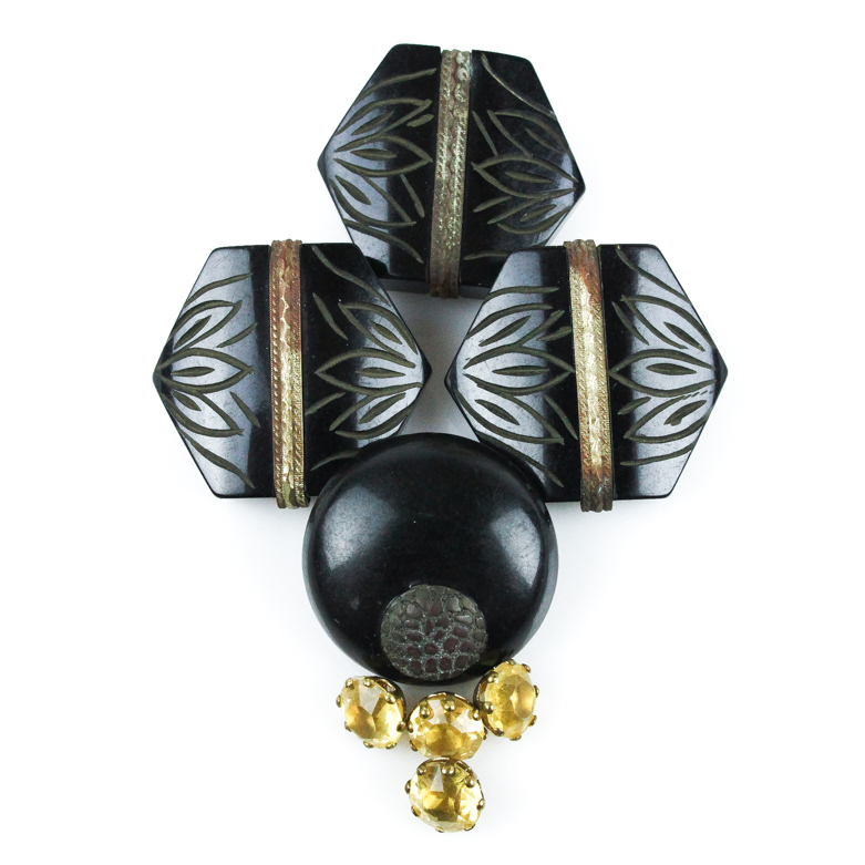 Vintage Engraved Jet Buttons and Synthetic Citrine Buttons