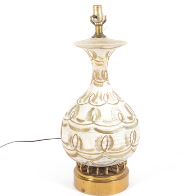 Vintage White and Gold Painted Lamp with Brass Base Vintage White and Gold Painted Lamp with Brass Base