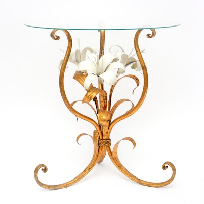 Mid-Century Modern White and Gold Glass Top Lilly Table Mid-Century Modern White and Gold Glass Top Lilly Table