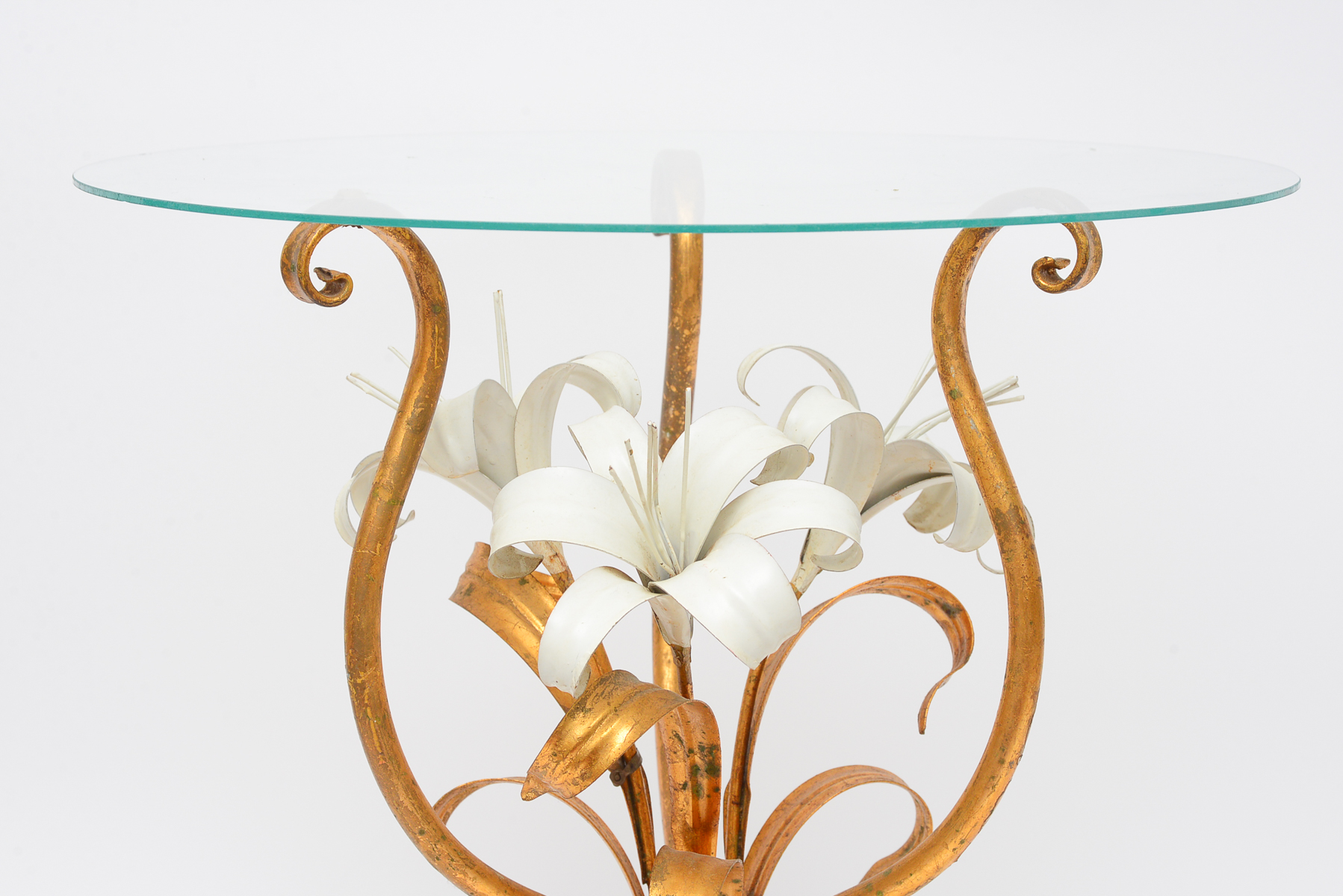 Mid-Century Modern White and Gold Glass Top Lilly Table