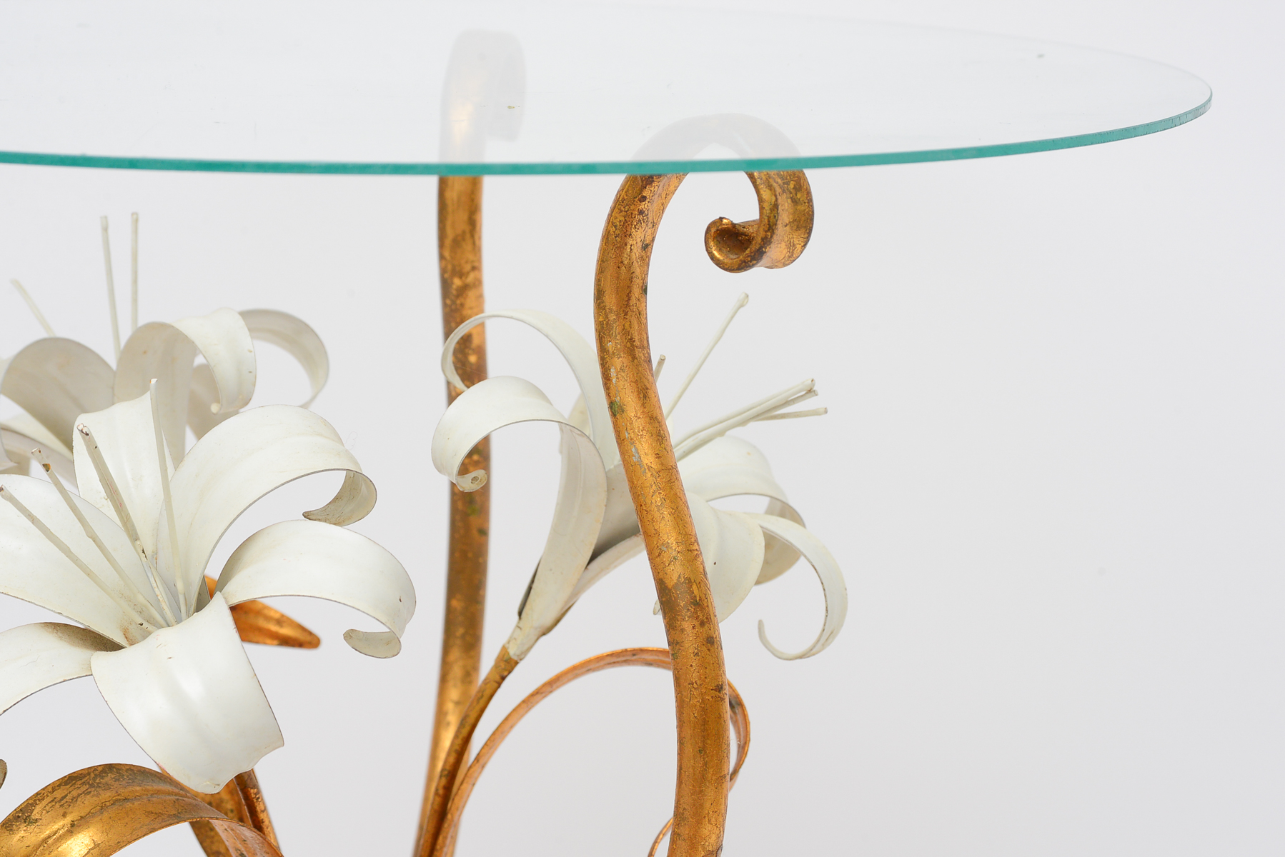 Mid-Century Modern White and Gold Glass Top Lilly Table