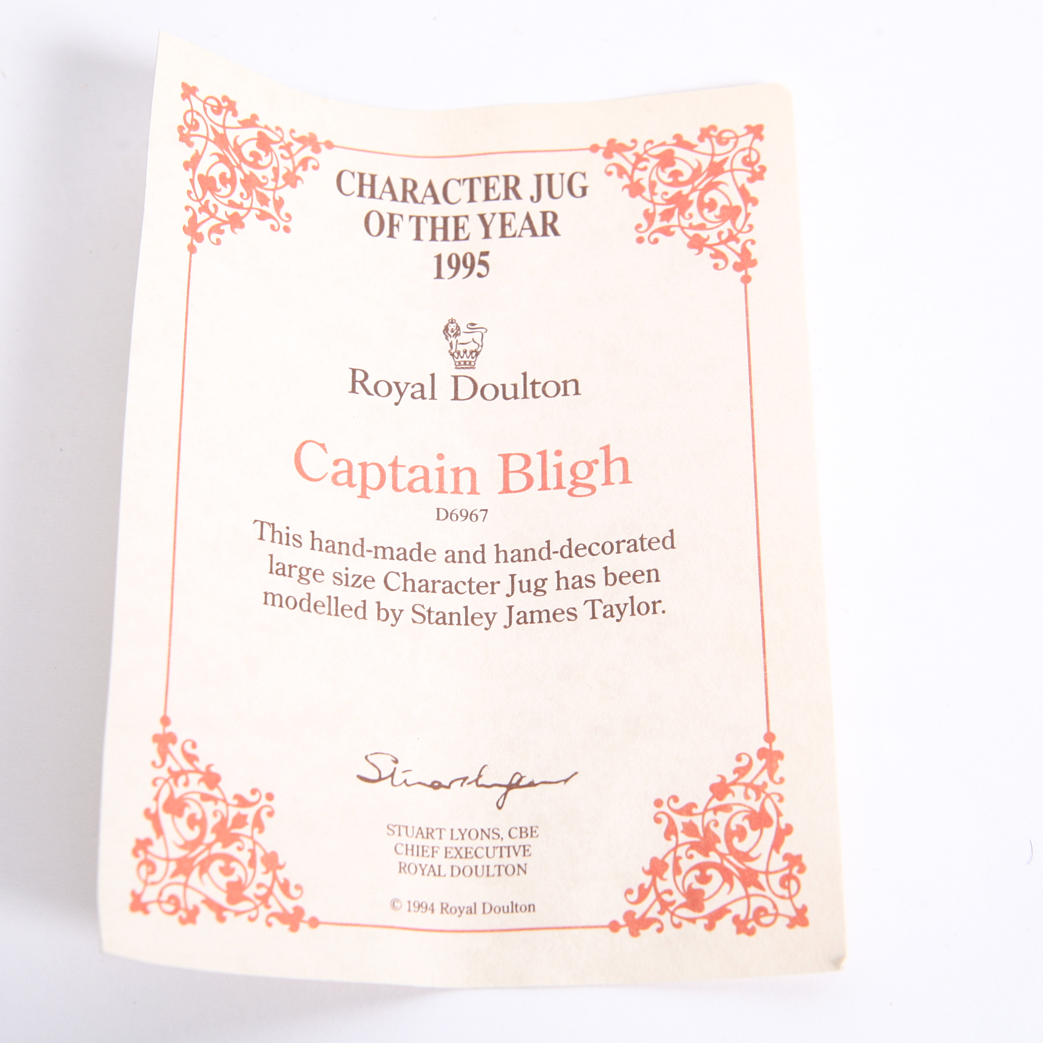 Royal Doulton "Captain Bligh" D.6967 Toby Jug, COA