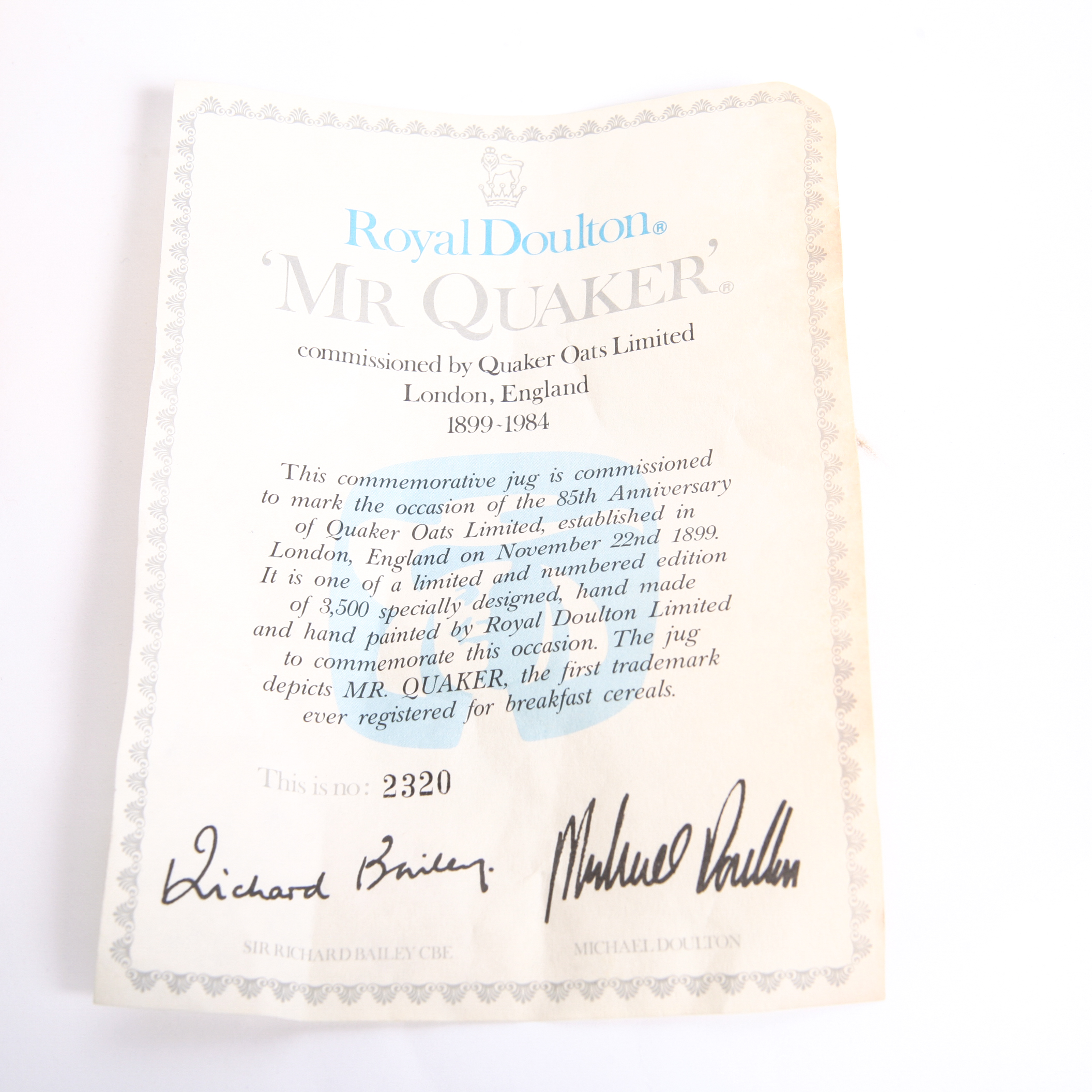 Limited Edition Royal Doulton "Mr. Quaker" D.6738 Toby Jug, COA