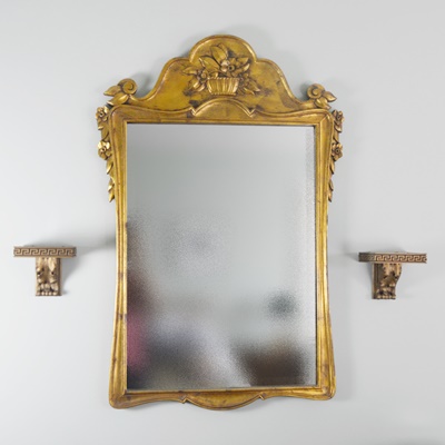 Bronze Tone Wood Carved Wall Mirror and Two Bronze Tone Wood Sconces