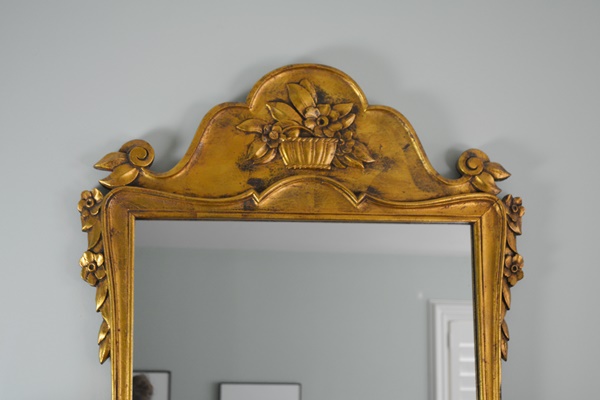 Bronze Tone Wood Carved Wall Mirror and Two Bronze Tone Wood Sconces