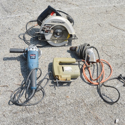 Craftsman 7 1/4" Circular Saw, Clarke 5" Angle Grinder, Black & Decker Jig Saw and Skil Drill