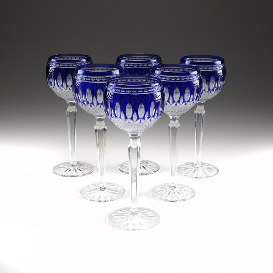 Set of Waterford Crystal "Clarendon" Cobalt Wine Hock Glasses