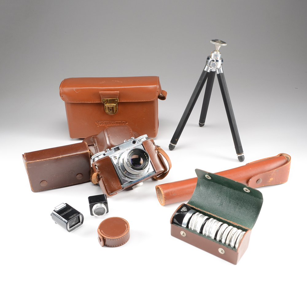 Vintage Voigtlander Prominent 35mm Camera and Accessories Including Lenses and Tripod