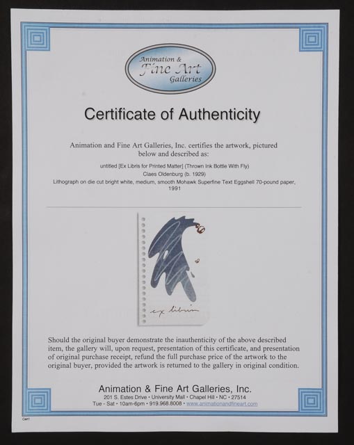 Claes Oldenburg Color Lithograph "Untitled (Ex Libris for Printed Matter) (Thrown Ink Bottle with Fly)"