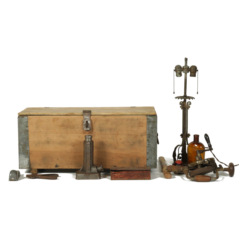 Wooden Chest with Vintage Tools