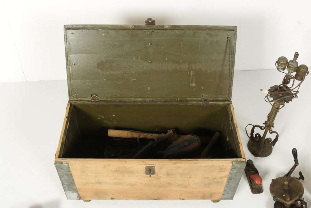 Wooden Chest with Vintage Tools