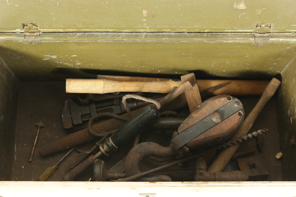 Wooden Chest with Vintage Tools
