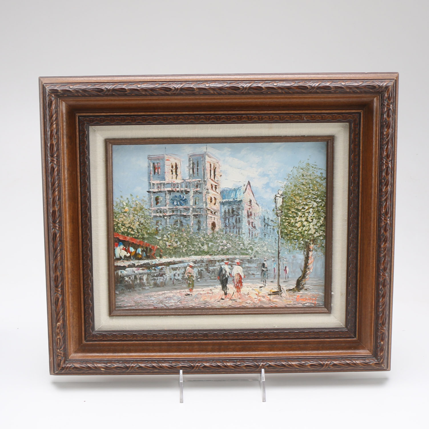 Burnett Signed Oil Painting of Paris Street Scene with Notre Dame