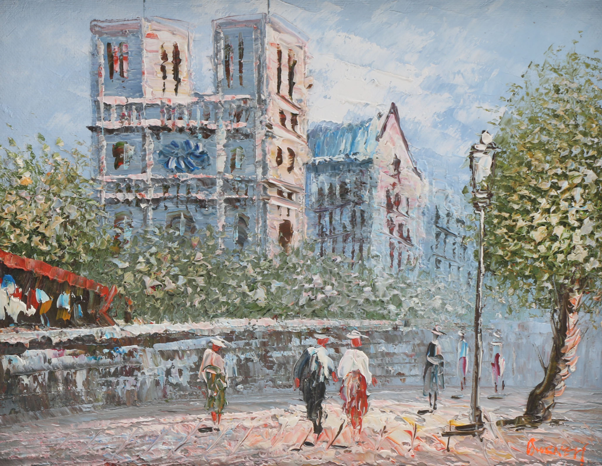 Burnett Signed Oil Painting of Paris Street Scene with Notre Dame