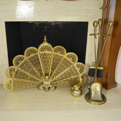 Brass Fireplace Tools and Pierced Folding Screen