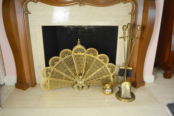 Brass Fireplace Tools and Pierced Folding Screen