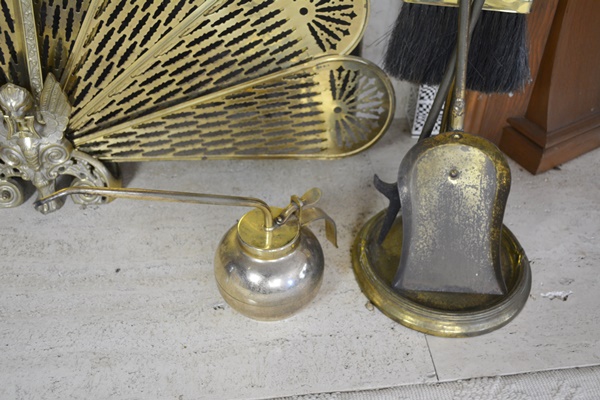 Brass Fireplace Tools and Pierced Folding Screen