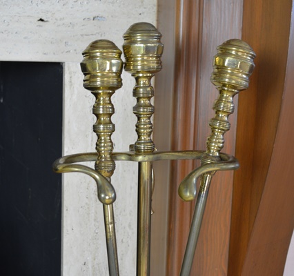 Brass Fireplace Tools and Pierced Folding Screen