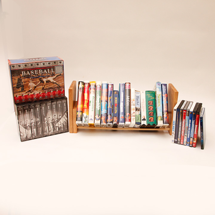 VHS Tapes, DVDs and Wooden Stand