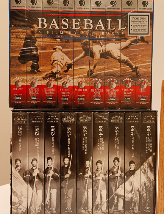 VHS Tapes, DVDs and Wooden Stand