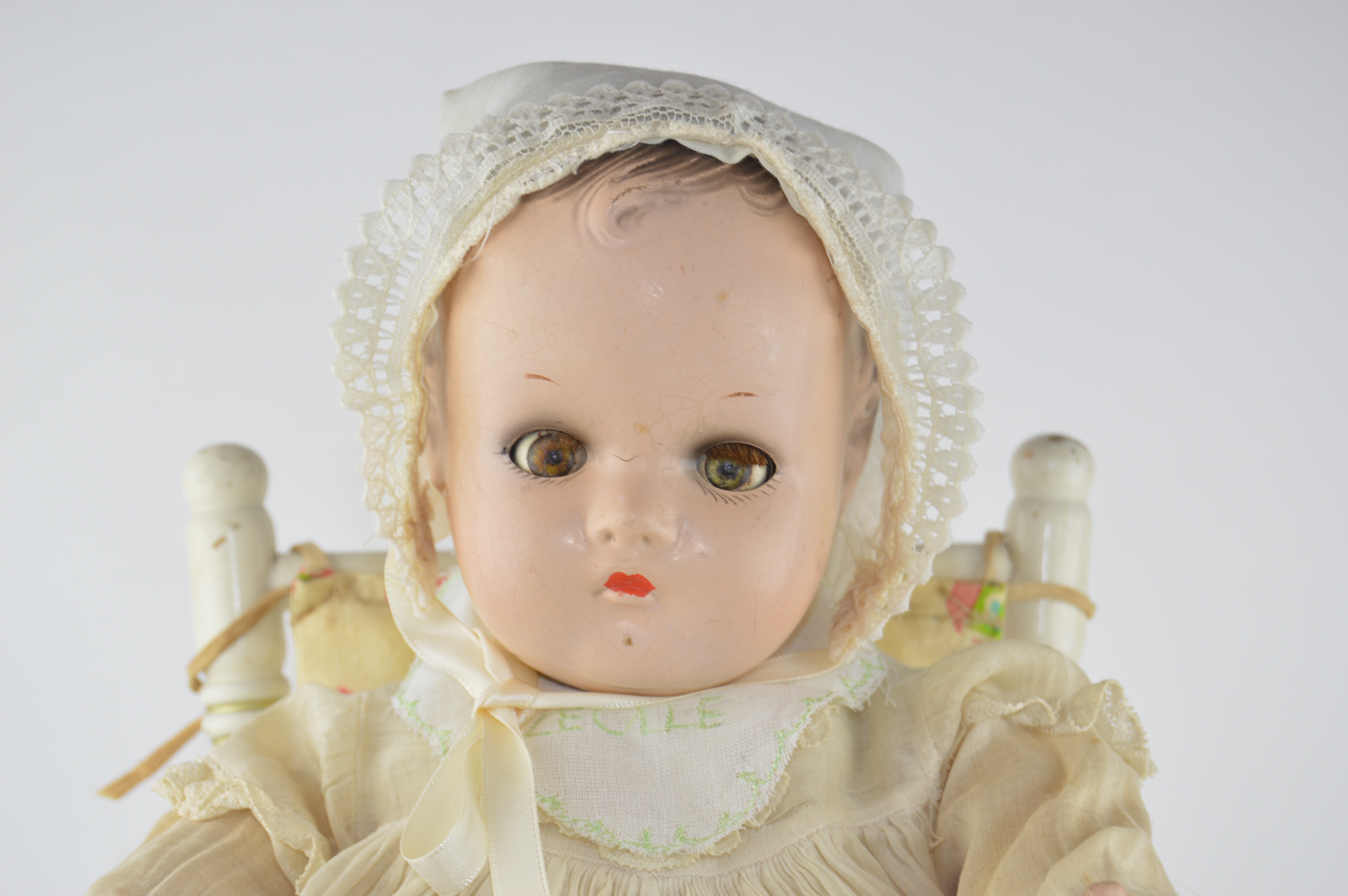 Vintage Madame Alexander "Little Genius" Dionne Quintuplet Composition Doll in High Chair