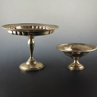 Two Weighted Sterling Compotes and Etched Salt and Pepper Shakers