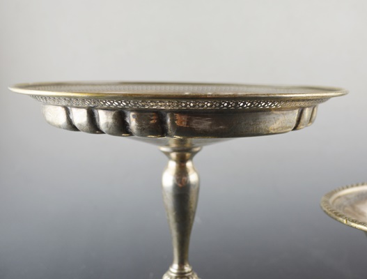 Two Weighted Sterling Compotes and Etched Salt and Pepper Shakers