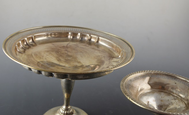 Two Weighted Sterling Compotes and Etched Salt and Pepper Shakers