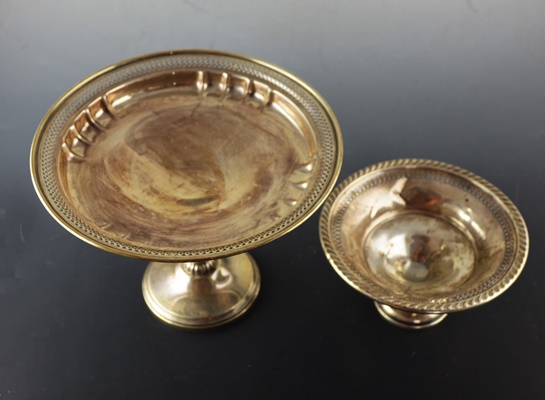 Two Weighted Sterling Compotes and Etched Salt and Pepper Shakers