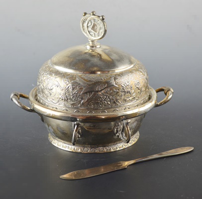 Silver Plated Chased Covered Butter and Spreader