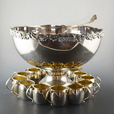 FB Rogers Silver Plated Punch Bowl with Ladle and Twelve Cups