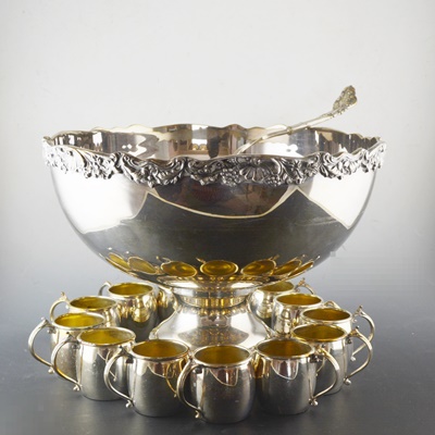 FB Rogers Silver Plated Punch Bowl with Ladle and Twelve Cups