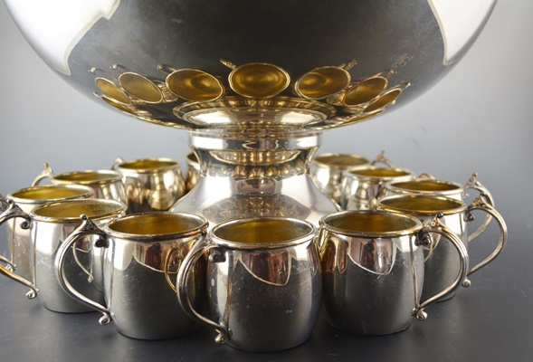FB Rogers Silver Plated Punch Bowl with Ladle and Twelve Cups
