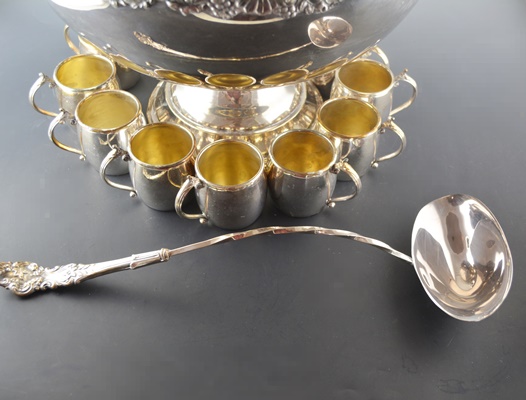 FB Rogers Silver Plated Punch Bowl with Ladle and Twelve Cups