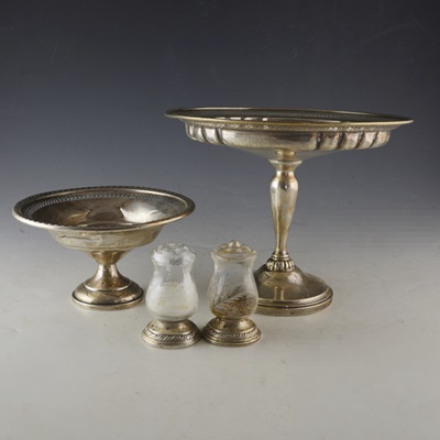Two Weighted Sterling Compotes and Etched Salt and Pepper Shakers
